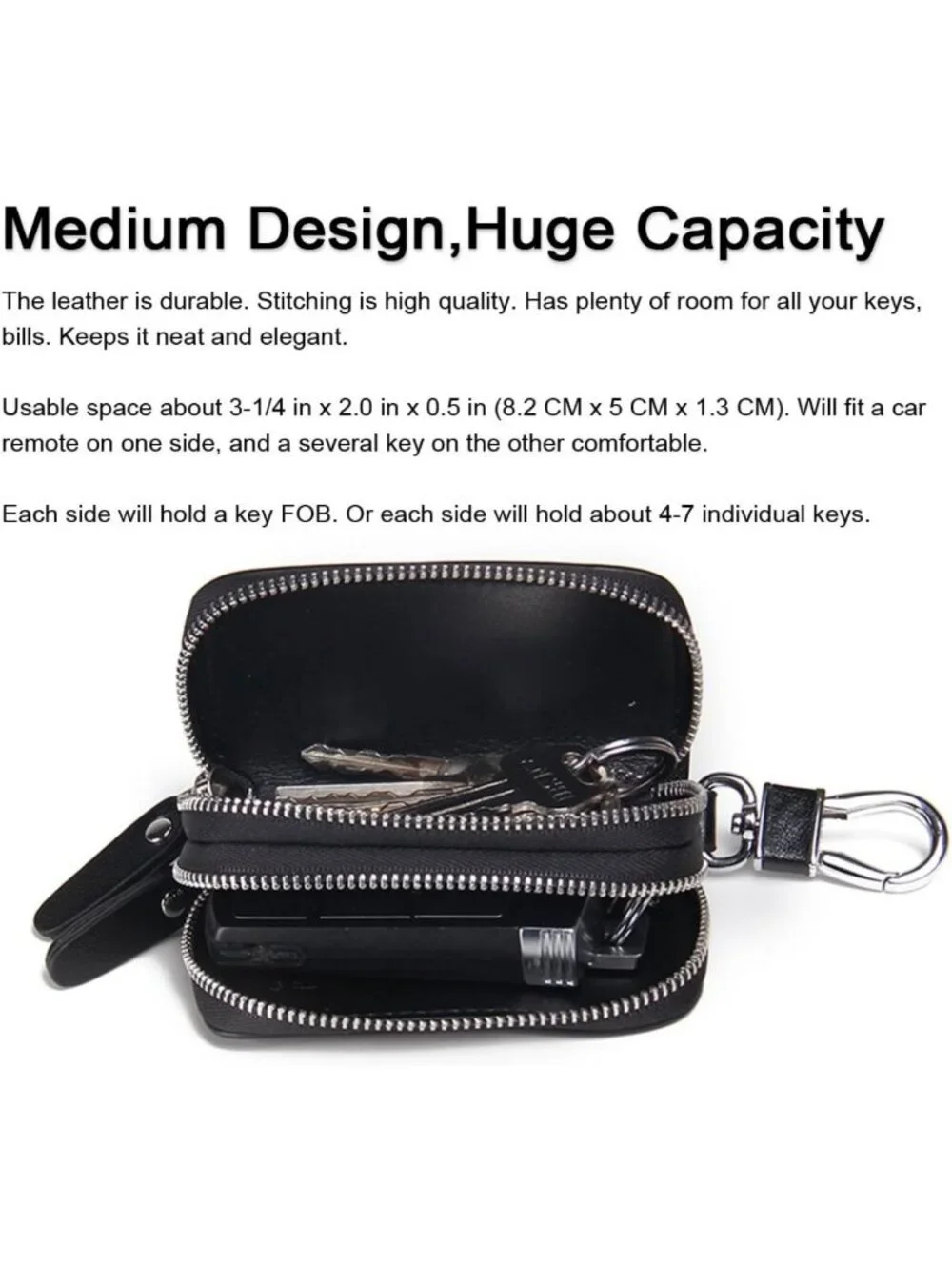 Stylish Small Leather Double Zipper Key Holder Case with 4 Keyrings - Key